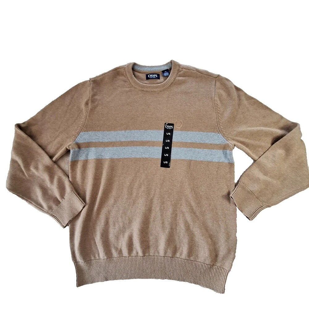 Chaps Sweater Mens Large Beige Striped Knit Crewneck Cotton Pullover Logo